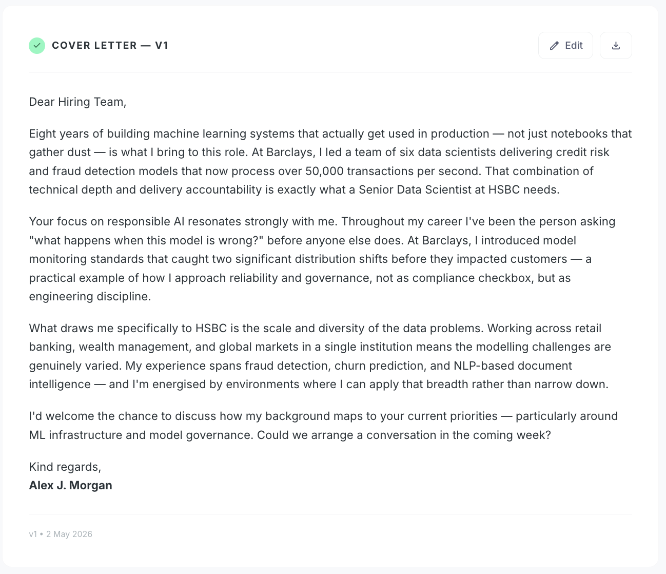 Cover letter feature screenshot