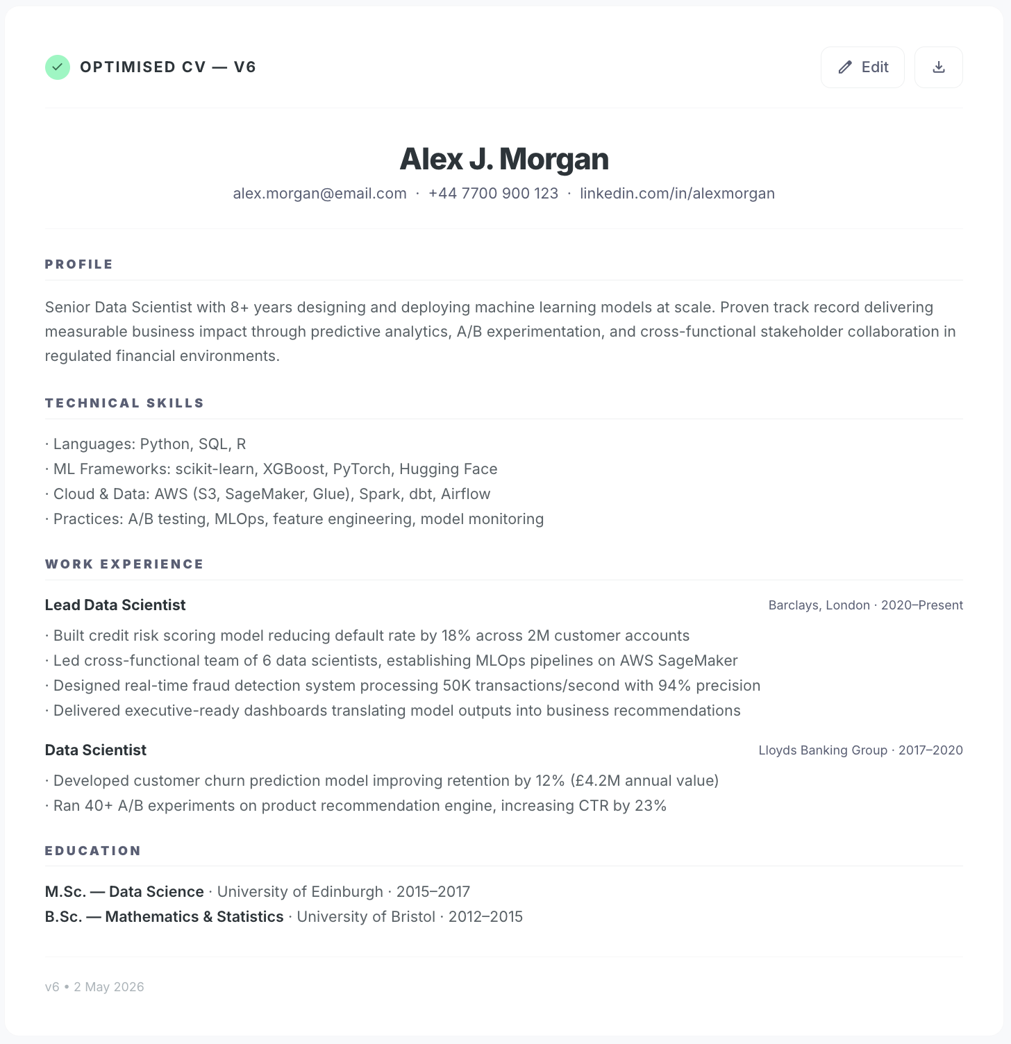 AI CV tailoring feature screenshot