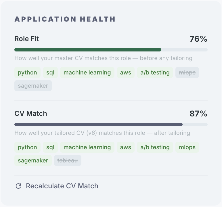 Application Health showing Role Fit and CV Match scores